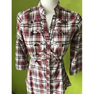 Street Flower Tie Waist Back Red Plaid Shirt Sz S